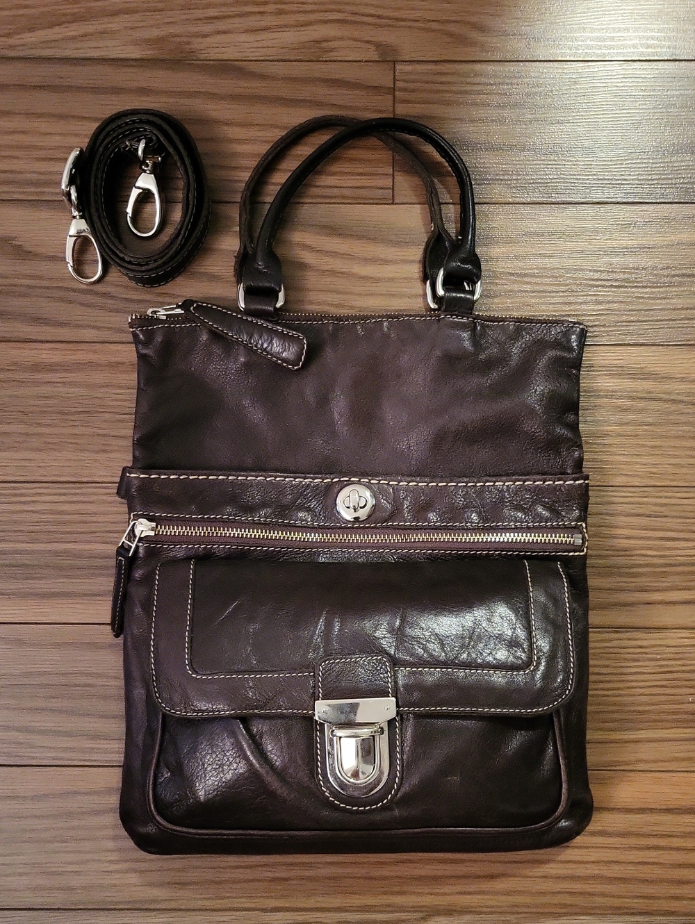 Roots Dark Brown Leather Convertible Tote Crossbody